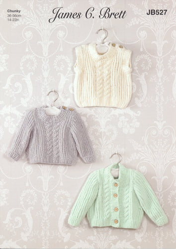 James Brett Chunky Knitting Pattern - Baby Sweater Cardigan & Slipover (JB527)