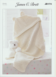 James C. Brett Knitting Pattern Hooded Blanket in Flutterby Chunky JB174