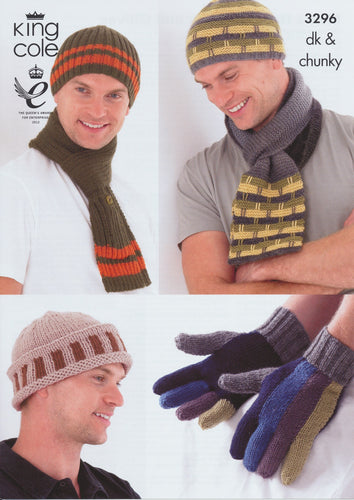King Cole Mens DK Chunky Knitting Pattern Ribbed Striped Hats, Scarves & Gloves