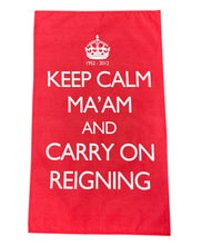 Load image into Gallery viewer, https://images.esellerpro.com/2278/I/215/637/keep-calm-maam-red-vintage-diamond-jubliee-tea-towel-1.jpg