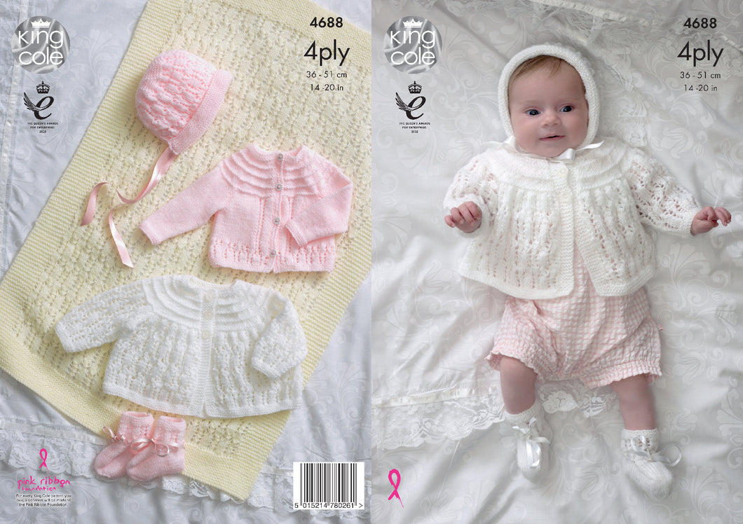 King Cole 4 Ply Knitting Pattern - Baby Matinee Set (4688)