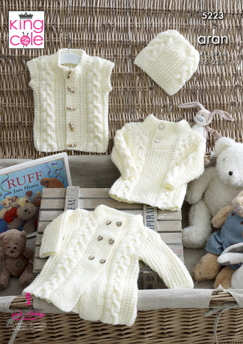 King Cole Aran Knitting Pattern - Baby Coat Sweater Gilet & Hat (5223)