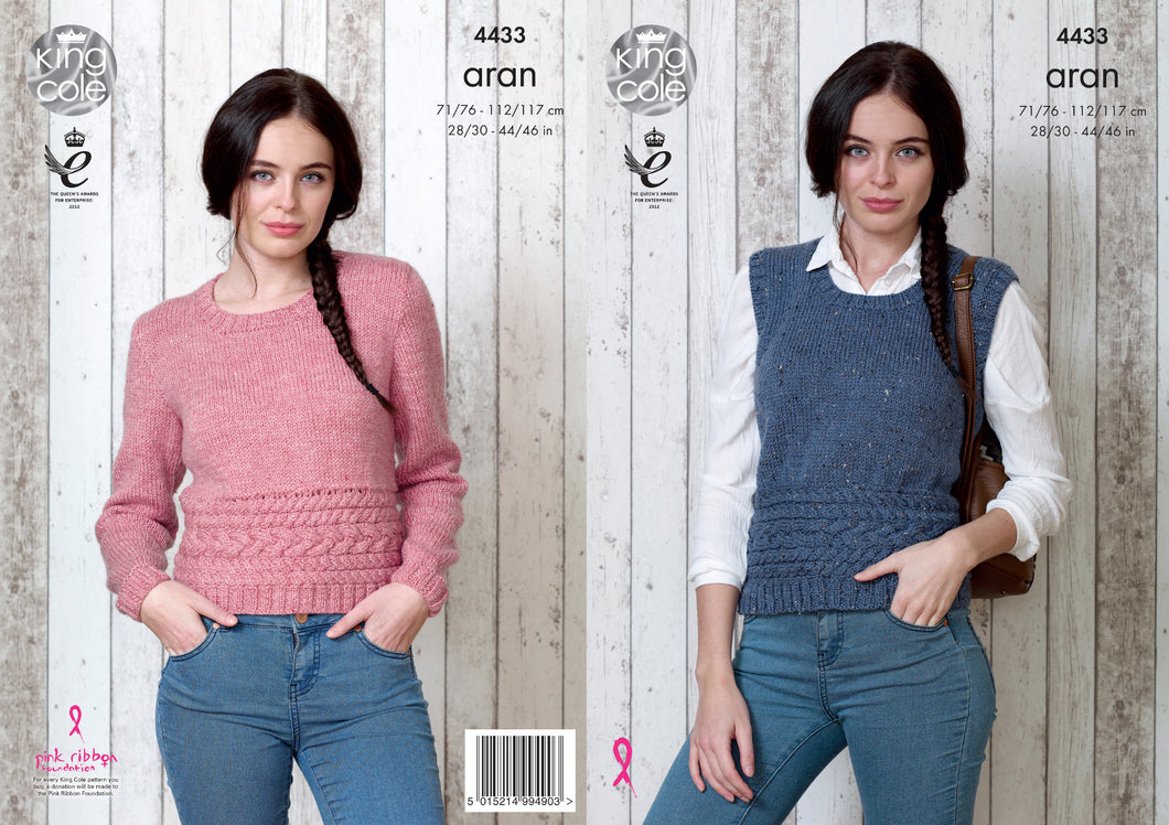King Cole Aran Knitting Pattern - Ladies Slipover & Sweater (4433)