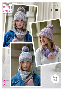 King Cole Aran Knitting Pattern - Ladies Snoods & Hats (5270)