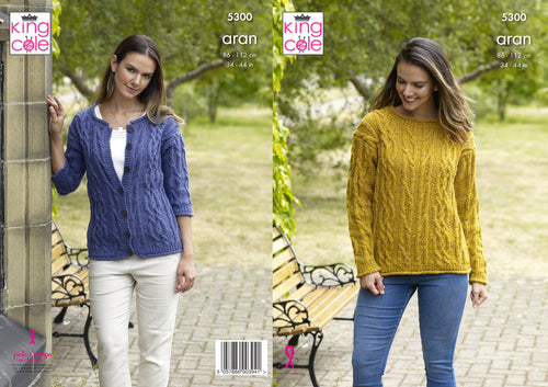 King Cole Aran Knitting Pattern - Ladies Cardigans (5300)