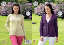 Load image into Gallery viewer, King Cole Aran Knitting Pattern - Ladies Cabled Cardigan &amp; Sweater (4347)