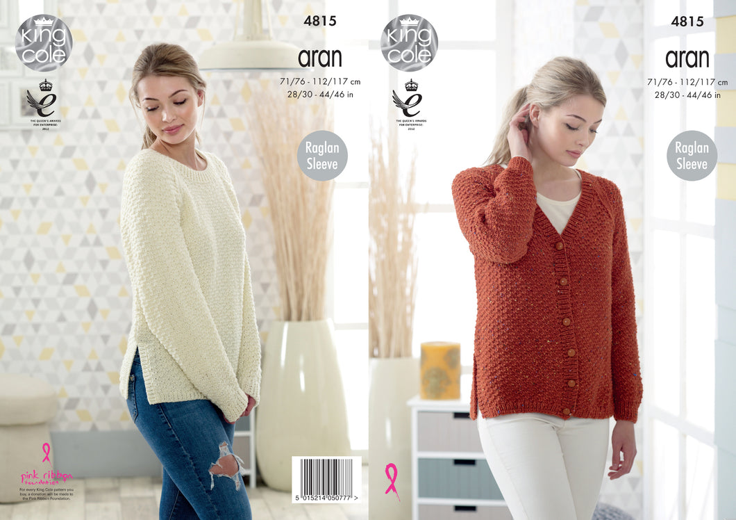 King Cole Aran Knitting Pattern - Ladies Split Hem Sweater & Cardigan (4815)