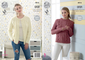 King Cole Aran Knitting Pattern - Ladies Cabled Cardigan & Sweater (4816)