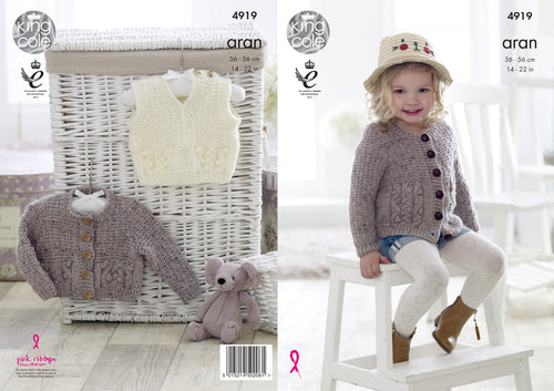 King Cole Aran Knitting Pattern - Girls Cardigan & Slipover (4919)