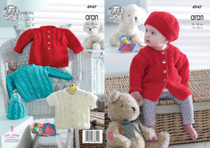 King Cole Aran Knitting Pattern - Baby Jackets Cardigan & Hats (4947)
