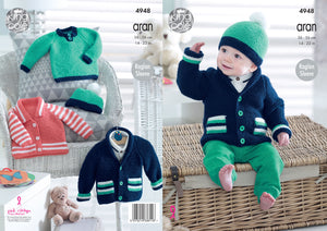 King Cole Aran Knitting Pattern - Baby Sweater Jackets & Hat (4948)