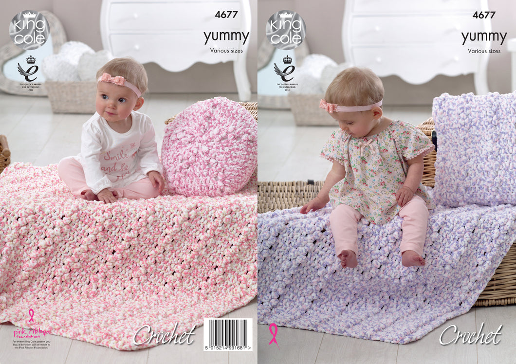 King Cole Yummy Chunky Crochet Pattern - Cushions & Baby Blankets (4677)