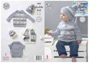 King Cole Double Knitting Pattern - Baby Cardigan Sweaters & Hat (5089)