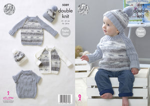 King Cole Double Knitting Pattern - Baby Cardigan Sweaters & Hat (5089)