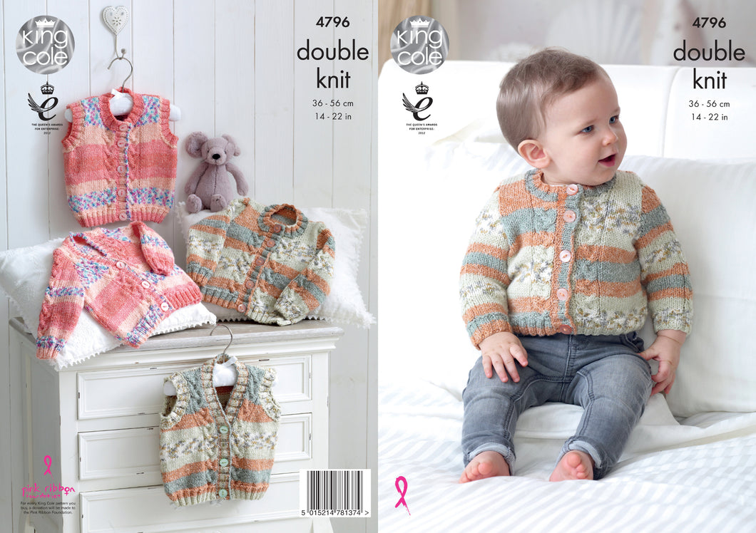 King Cole Double Knitting Pattern - Baby Cabled Cardigans & Waistcoats (4796)