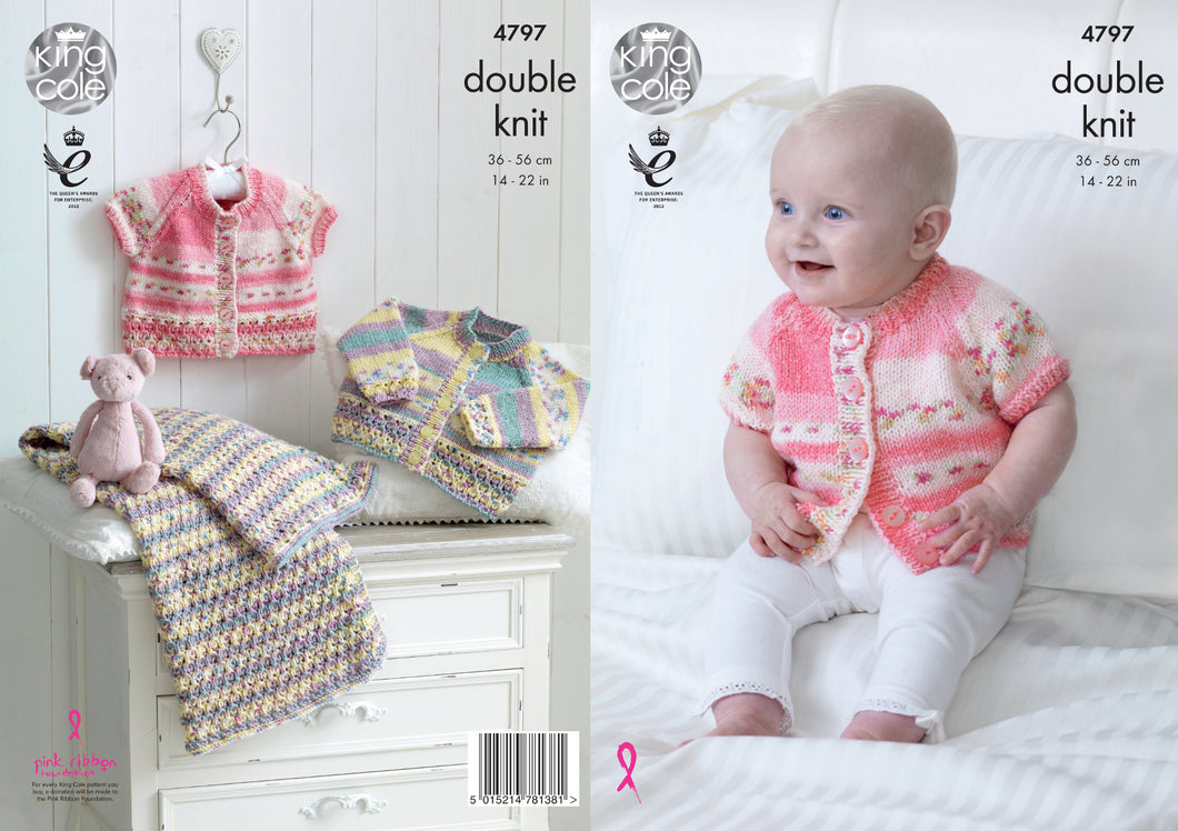 King Cole Double Knitting Pattern - Baby Cardigans & Blanket (4797)