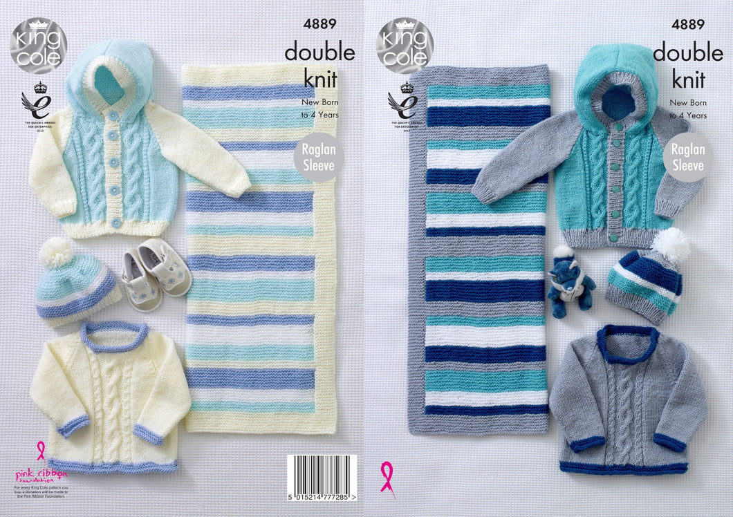 King Cole Double Knitting Pattern - Baby Sweater Jacket Hat & Blanket (4889)
