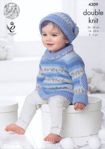 King Cole Double Knitting Pattern - Baby Sweater Jacket & Hat (4309)