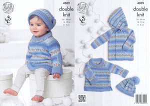 King Cole Double Knitting Pattern - Baby Sweater Jacket & Hat (4309)