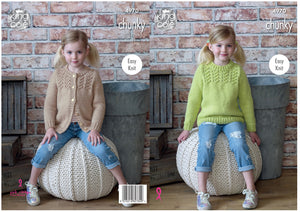 King Cole Chunky Knitting Pattern - Girls Lacy Sweater & Cardigan (4970)