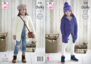 King Cole Chunky Knitting Pattern - Girls Jackets & Hat (5166)