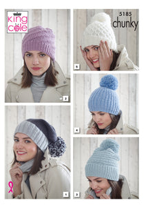 King Cole Chunky Knitting Pattern - Ladies Hats (5185)