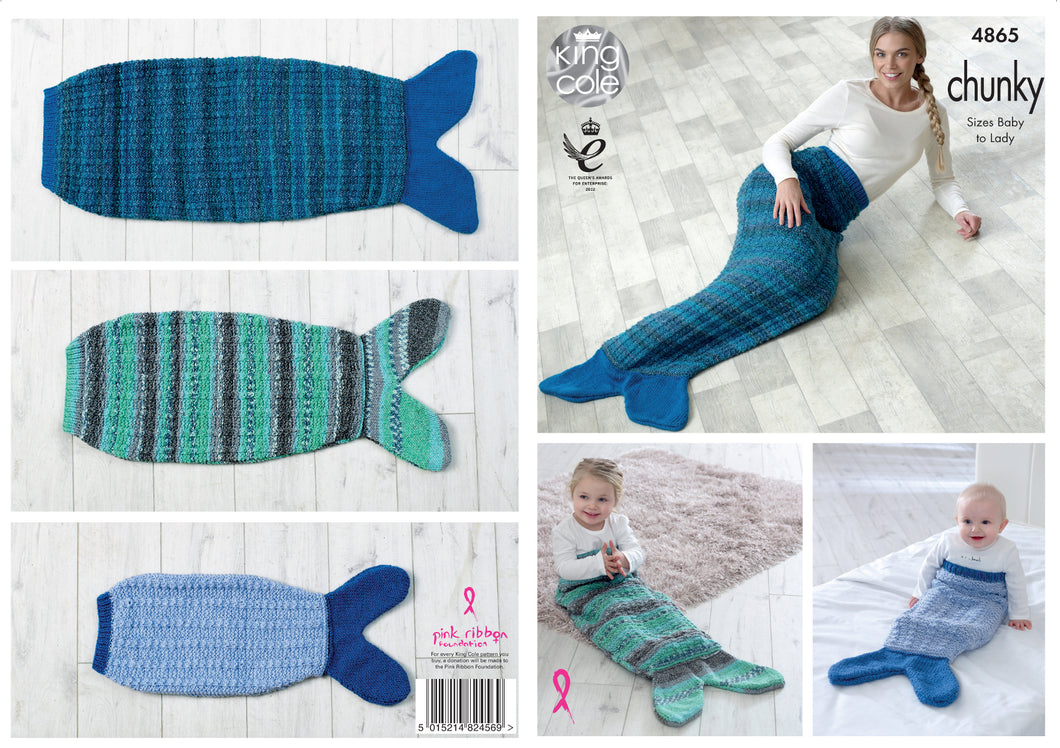 King Cole Chunky Knitting Pattern - Baby to Adult Mermaid Blankets (4865)