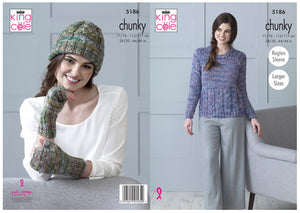 King Cole Chunky Knitting Pattern - Ladies Sweater Mittens & Hat (5186)