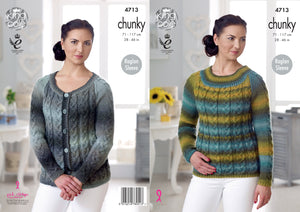 King Cole Chunky Knitting Pattern - Ladies Cabled Sweater & Cardigan (4713)