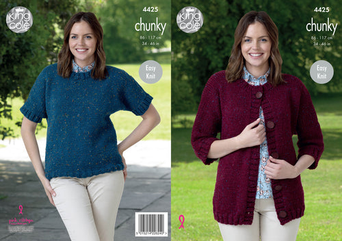 King Cole Chunky Knitting Pattern - Ladies Dolman Jacket & Top (4425)