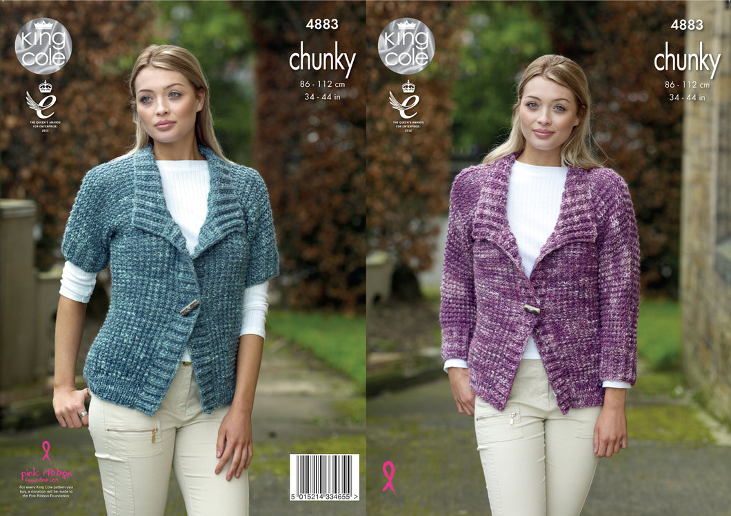 King Cole Chunky Knitting Pattern - Ladies Ribbed Jackets (4883)