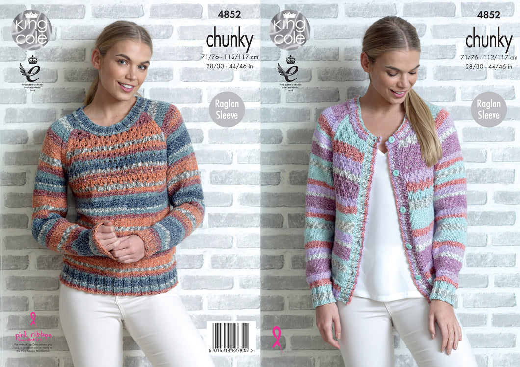 King Cole Chunky Knitting Pattern - Ladies Lace Sweater & Cardigan (4852)