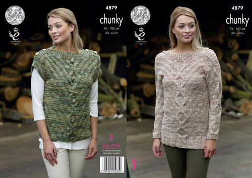 King Cole Chunky Knitting Pattern - Ladies Cabled Sweater & Top (4879)