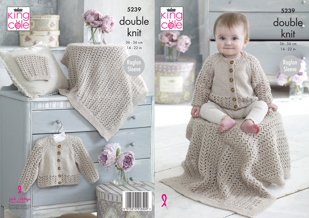 King Cole Double Knitting Pattern - Baby Cardigans Blanket & Hat (5239)