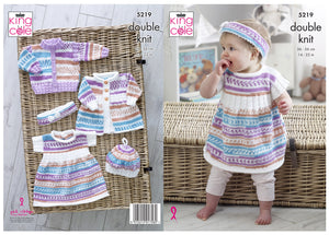 King Cole Double Knitting Pattern - Baby Cardigan Dress Coat & Headband (5219)