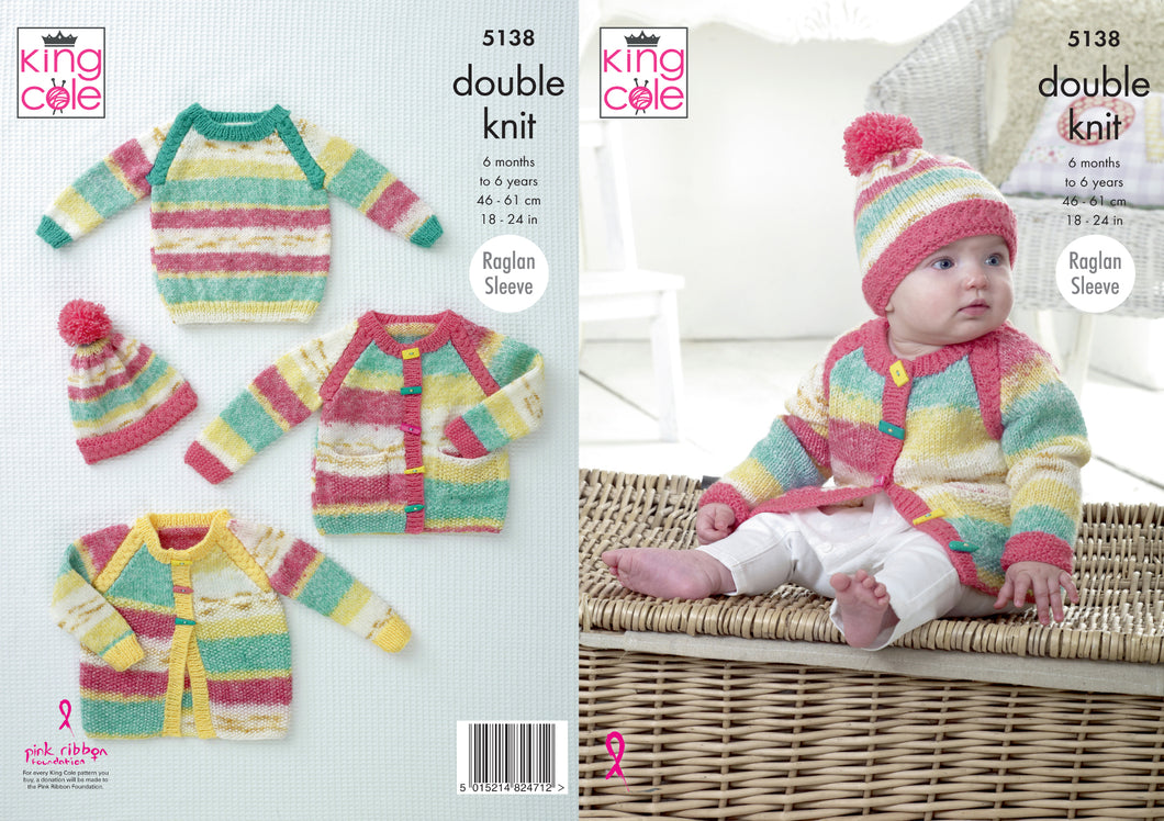 King Cole Double Knitting Pattern - Baby Jacket Cardigan Sweater & Hat (5138)