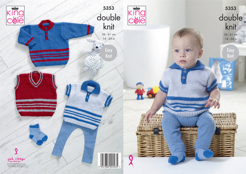 King Cole Double Knitting Pattern - Baby Sweater Polo Shirt & Slipover (5353)