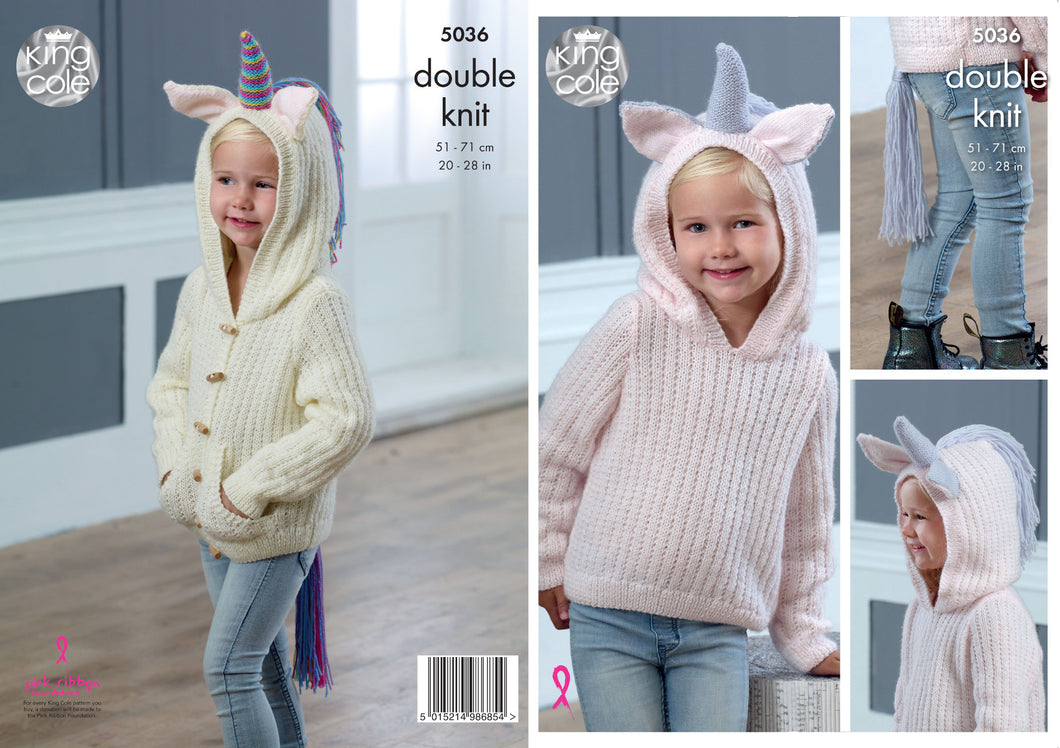 King Cole Double Knitting Pattern - Girls Unicorn Sweater & Cardigan (5036)