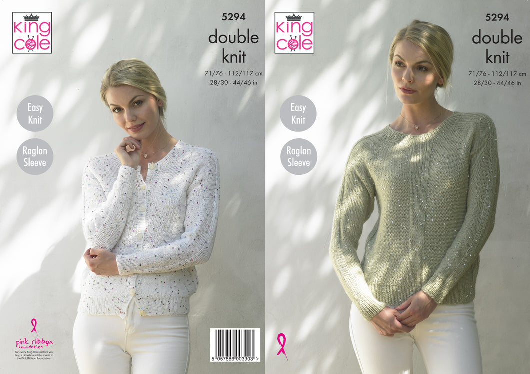 King Cole Double Knitting Pattern - Ladies Sweater & Cardigan (5294)