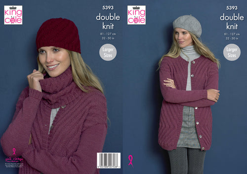 King Cole Double Knitting Pattern - Ladies Cardigan Snood & Hat (5393)
