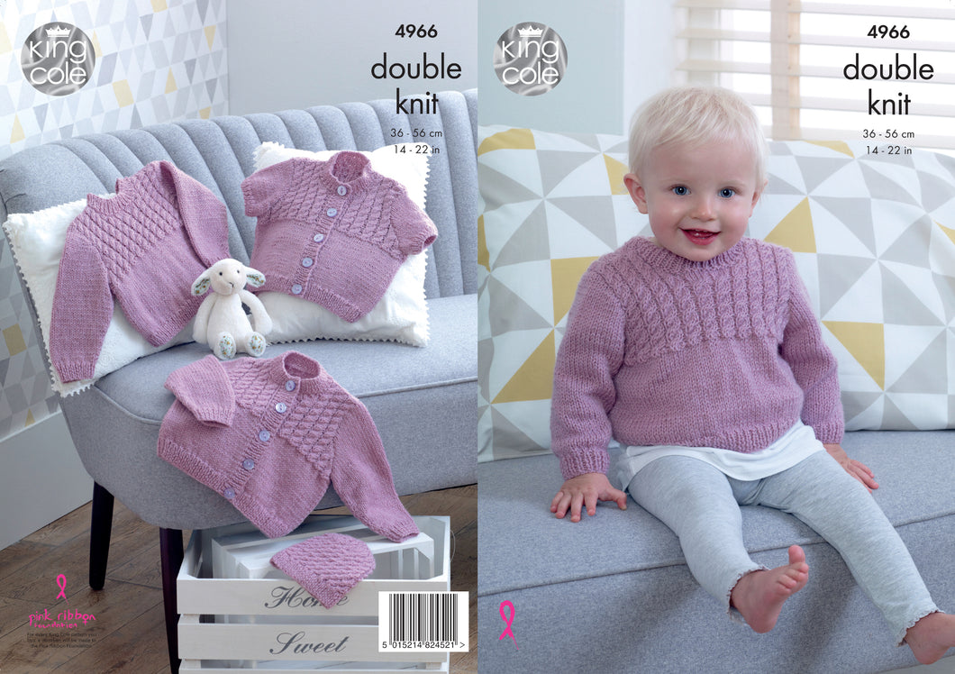 King Cole Double Knitting Pattern - Baby Sweater Cardigans & Hat (4966)