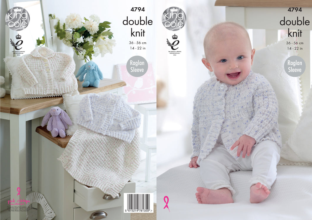 King Cole Double Knitting Pattern - Baby Raglan Cardigans & Blanket (4794)