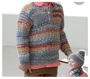 King Cole Double Knitting Pattern - Boys Sweaters Hat & Scarf (4453)
