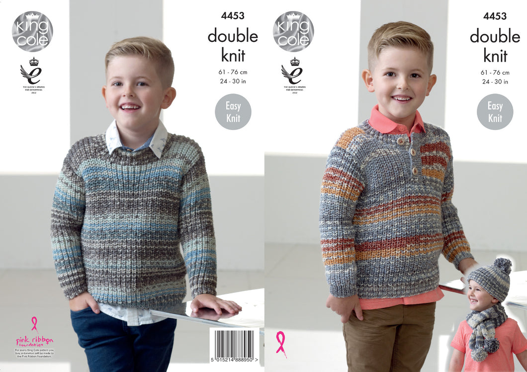 King Cole Double Knitting Pattern - Boys Sweaters Hat & Scarf (4453)