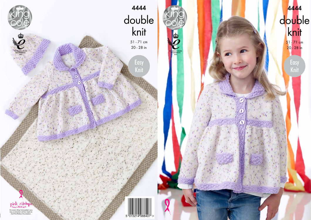 King Cole Double Knitting Pattern - Girls Jacket Hat & Blanket (4444)