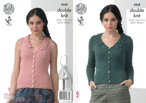 King Cole DK Knitting Pattern - Lace Effect Collar Cardigan & Waistcoat (4368)