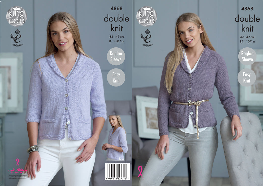 King Cole Double Knitting Pattern - Ladies Raglan Sleeve Cardigans (4868)