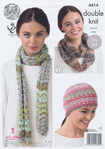 King Cole Double Knitting Pattern - Ladies Hat Scarves & Snood (4414)
