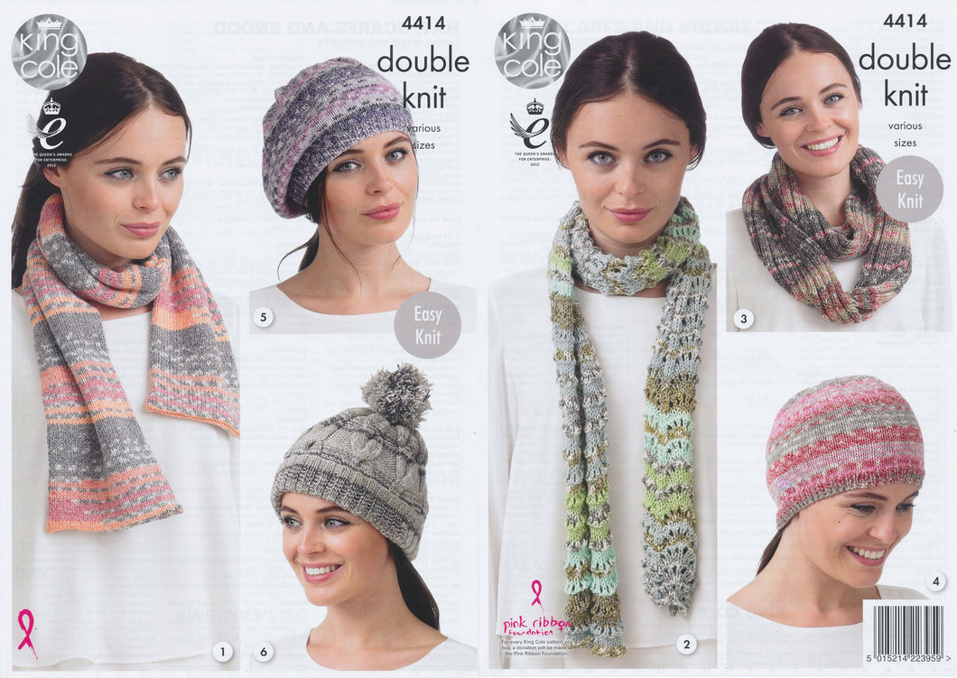 King Cole Double Knitting Pattern - Ladies Hat Scarves & Snood (4414)