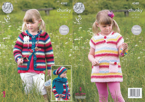 King Cole Chunky Knitting Pattern - Girls Dress Cardigan Hat & Scarf (4382)